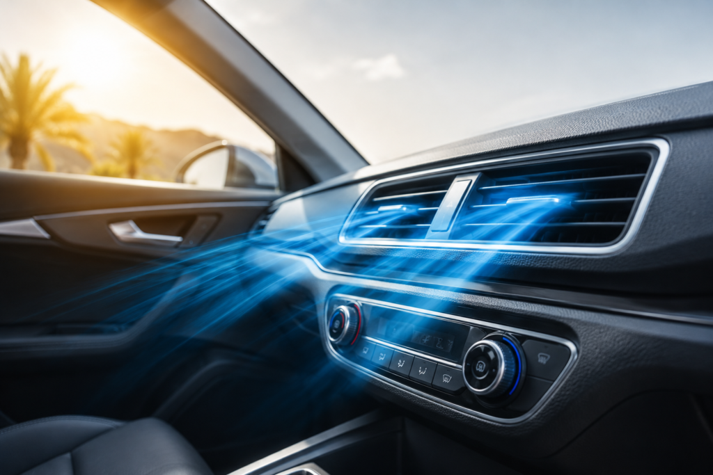 Why Your Car Air Conditioning Stops Blowing Cold, showing cool air flowing from a modern car dashboard air conditioning vent.